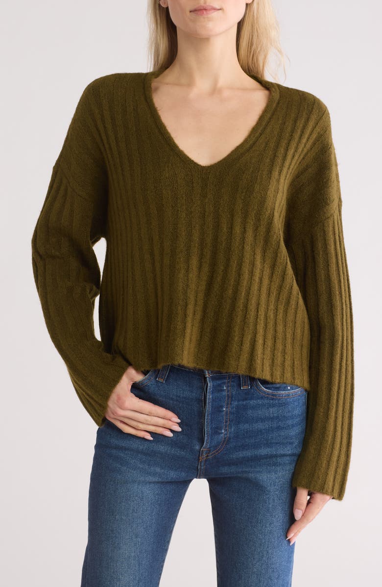 Vigoss V-Neck Mossy Ribbed Sweater, Main, color, Olive