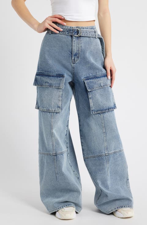 【Anyone more】Qua Cargo Denim Wide Pants Wide Leg Jeans for Women 2024 New Mid Waisted Baggy Denim