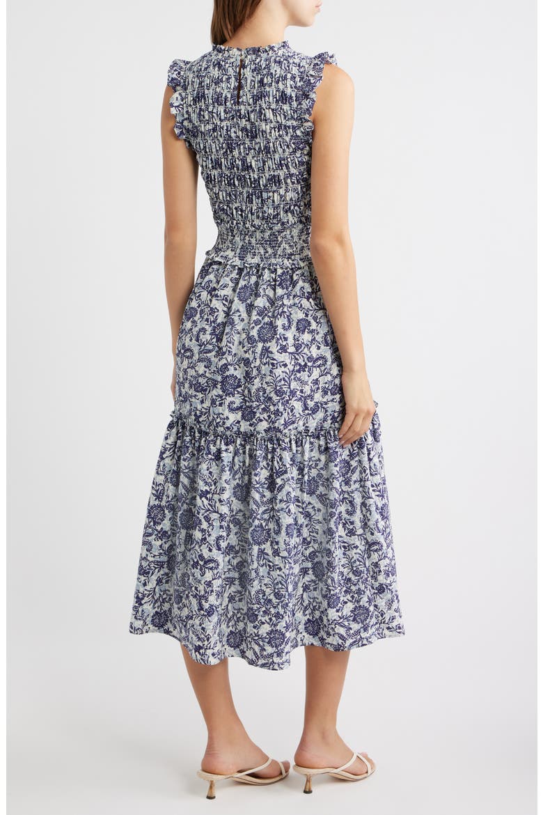 Vivier Smocked Midi Dress, Alternate, color, INDIGO MARIGOLD