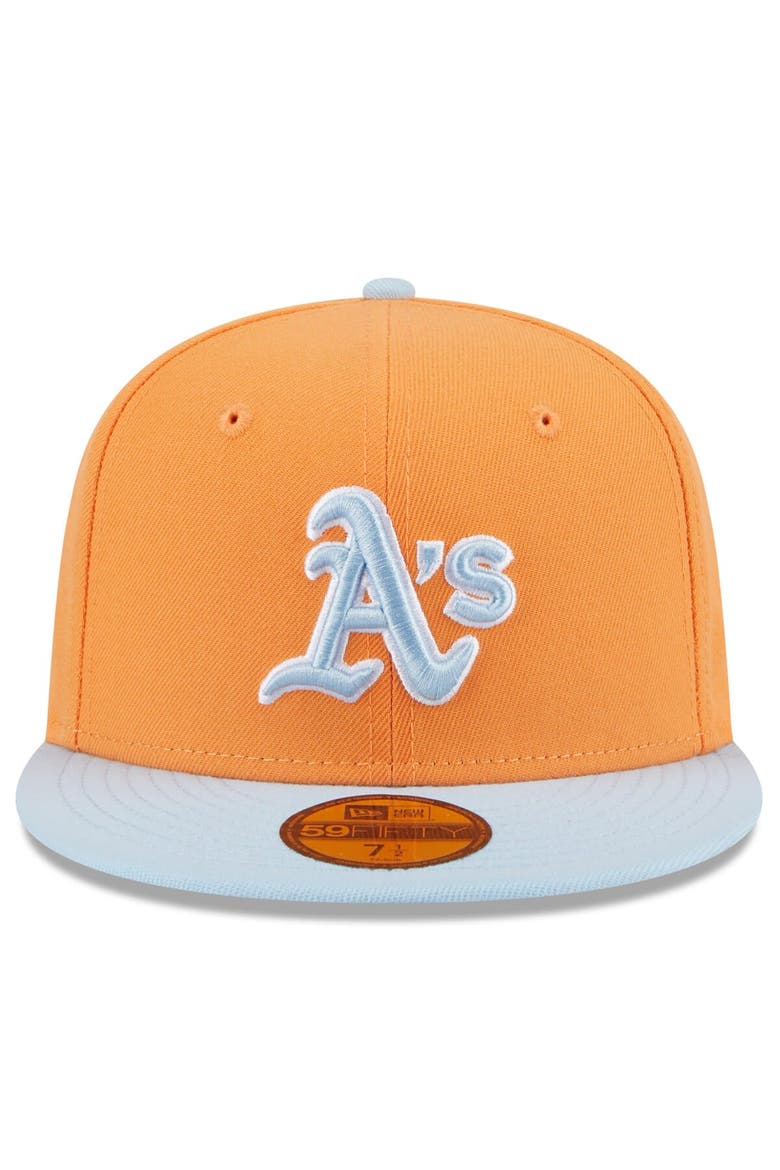 Men's New Era Orange/Light Blue Oakland Athletics Spring Color Basic Two-Tone 59FIFTY Fitted Hat, Alternate, color, Orange