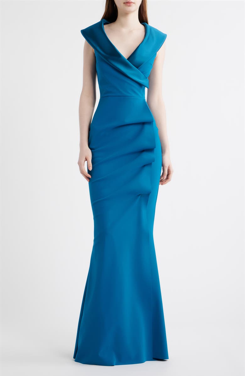 Chiara Boni La Petite Robe Fiy Satin Trim Mermaid Gown, Main, color, Teal Blue