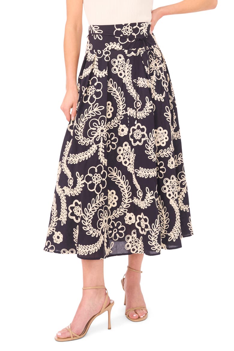 Guinevere Floral Embroidered Cotton Midi Skirt, Alternate, color, EMERALD BERRY
