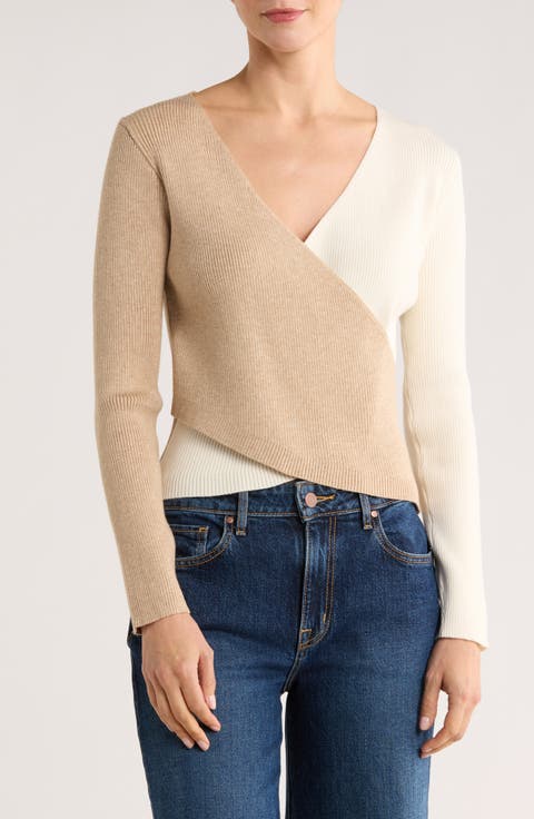 Colorblock Faux Wrap Sweater