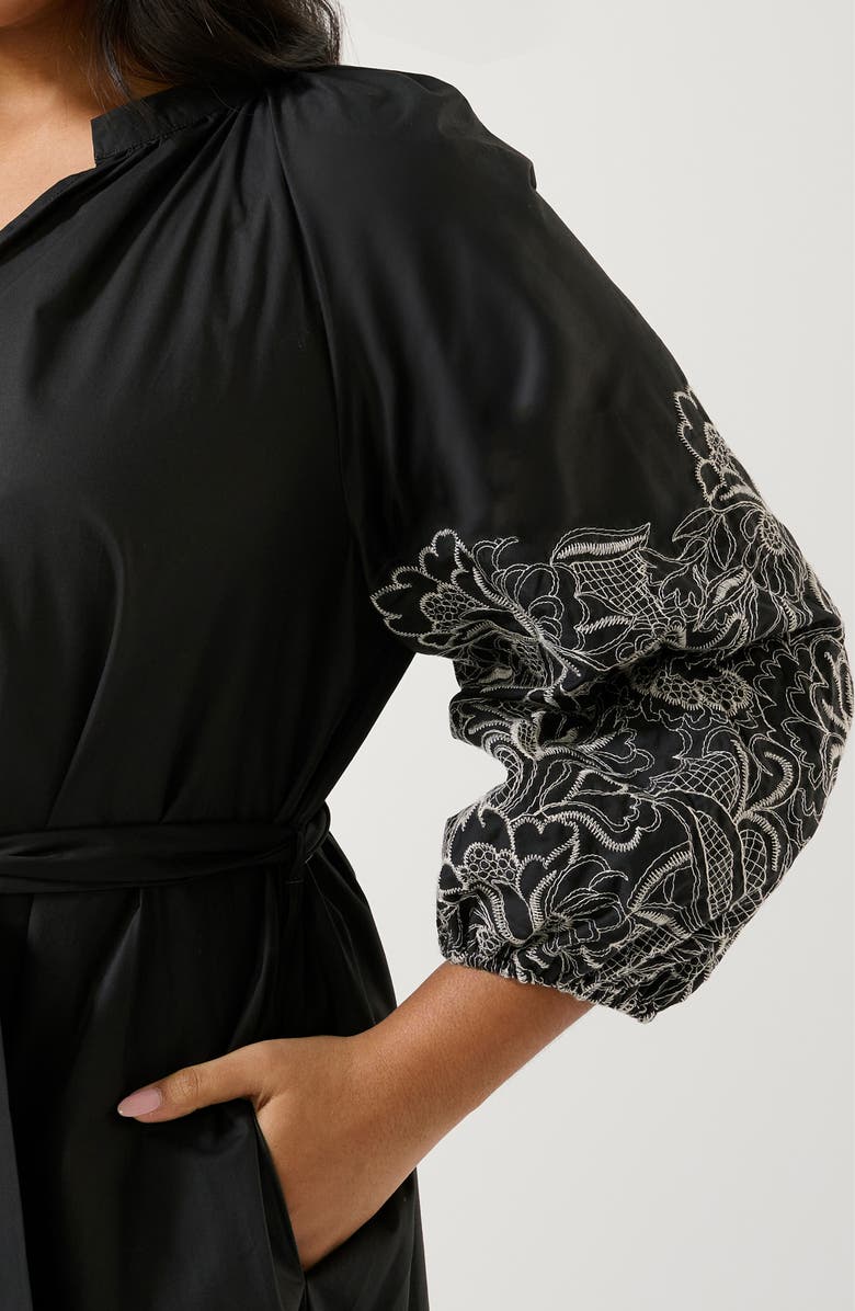 Estelle Cala Embroidered Sleeve Tie Waist Dress, Alternate, color, Black