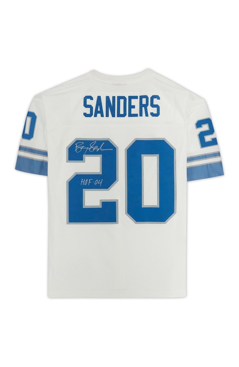 FANATICS AUTHENTIC Barry Sanders Detroit Lions Autographed White Mitchell & Ness Replica Jersey with "HOF 04" Inscription, Alternate, color, 
