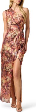 Adrianna Papell Metallic Floral One-Shoulder Chiffon Gown