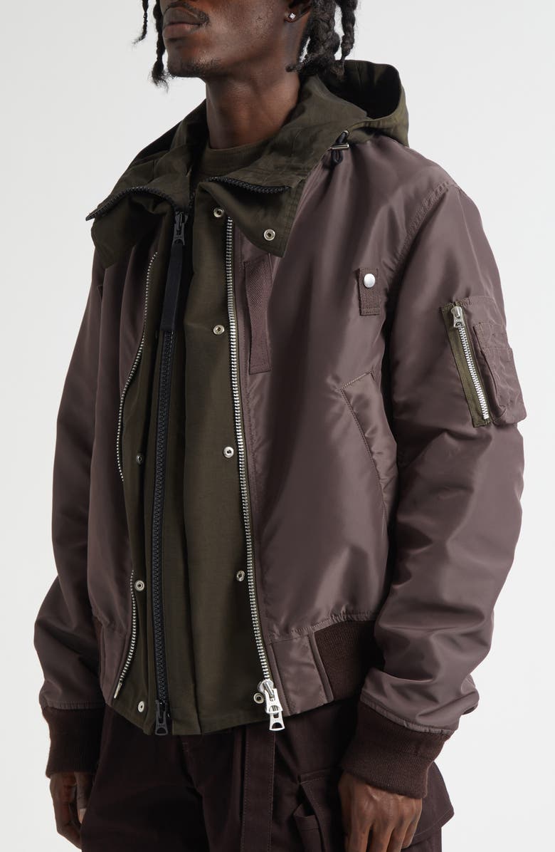 Sacai Hooded Mixed Media Jacket, Main, color, Brown/ Khaki