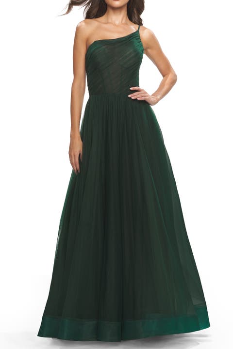 One Shoulder A-Line Tulle Gown with Sheer Bodice