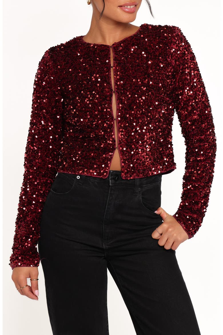 Scarlette Sequin Crop Jacket, Main, color, BURGUNDY SEQUIN