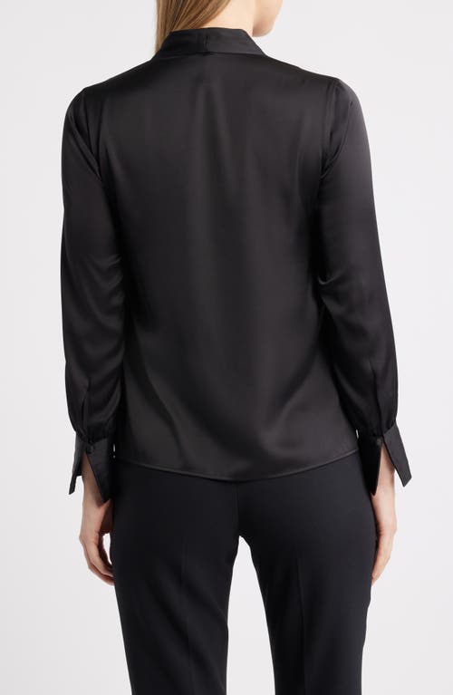 Anne Klein Pleat Front V-neck Button-up Shirt In Black