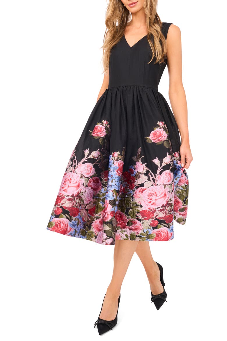 Floral Sleeveless Brocade Fit & Flare Midi Dress, Main, color, RICH BLACK