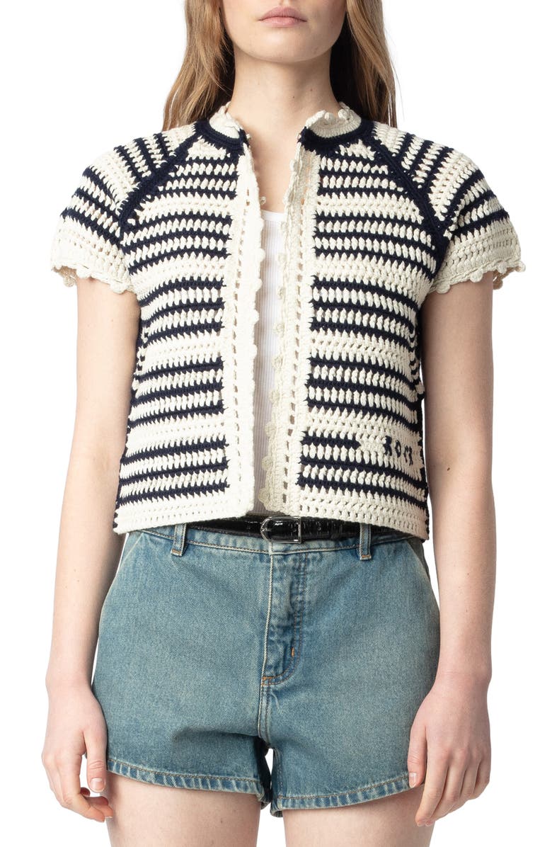 Zadig & Voltaire Zelie Stripe Open Stitch Short Sleeve Cotton Cardigan, Main, color,