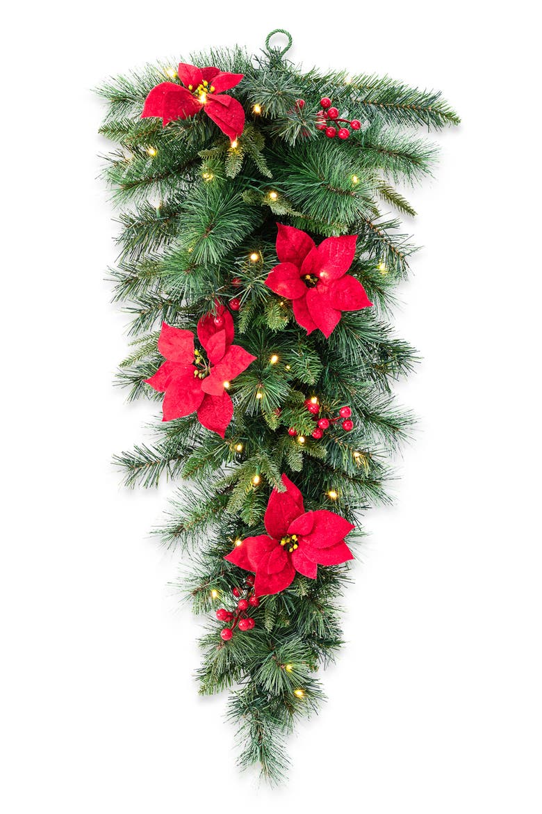 3ft Pre-Lit Poinsettia Christmas Teardrop Wreath with Timer, Main, color, Green