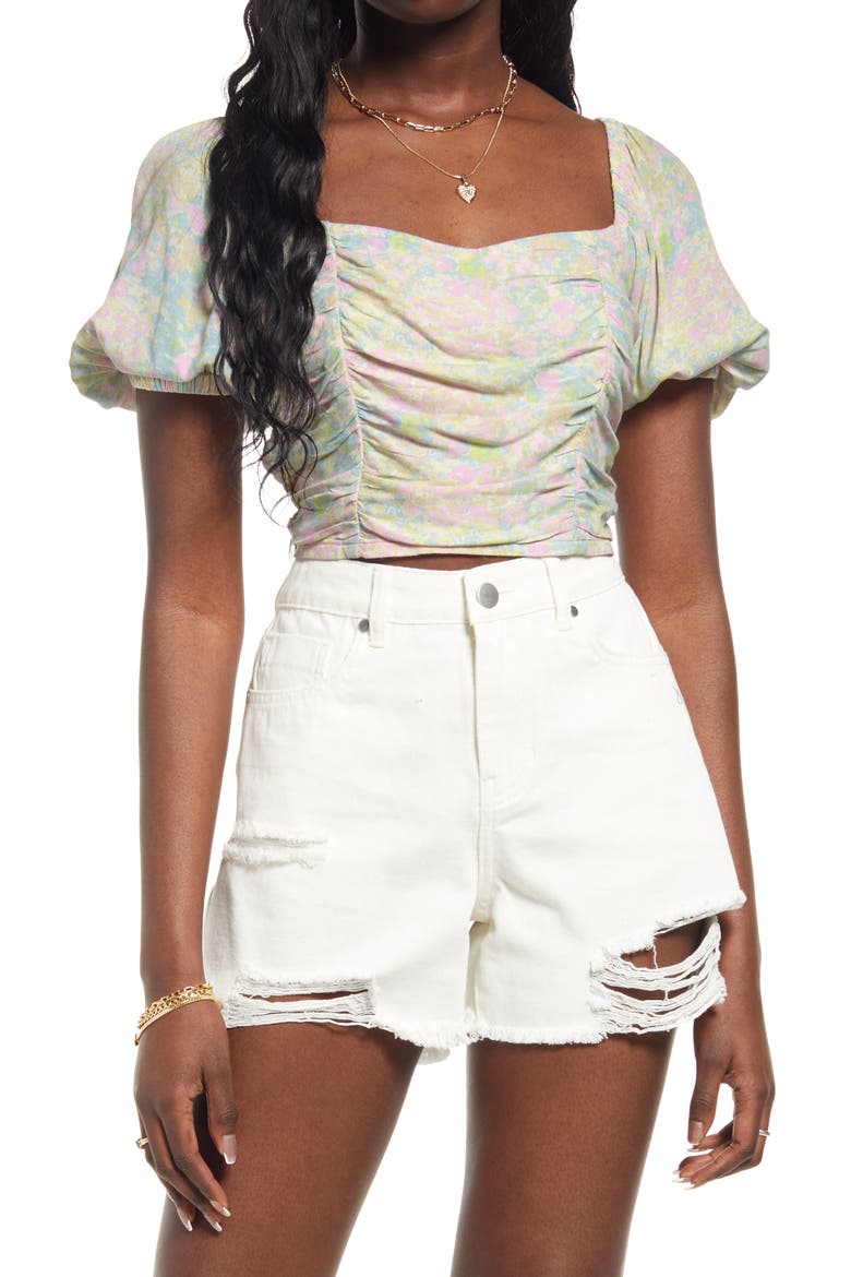 Floral Print Ruched Crop Top, Main, color, PINK- BLUE CROSSHATCH MEADOW