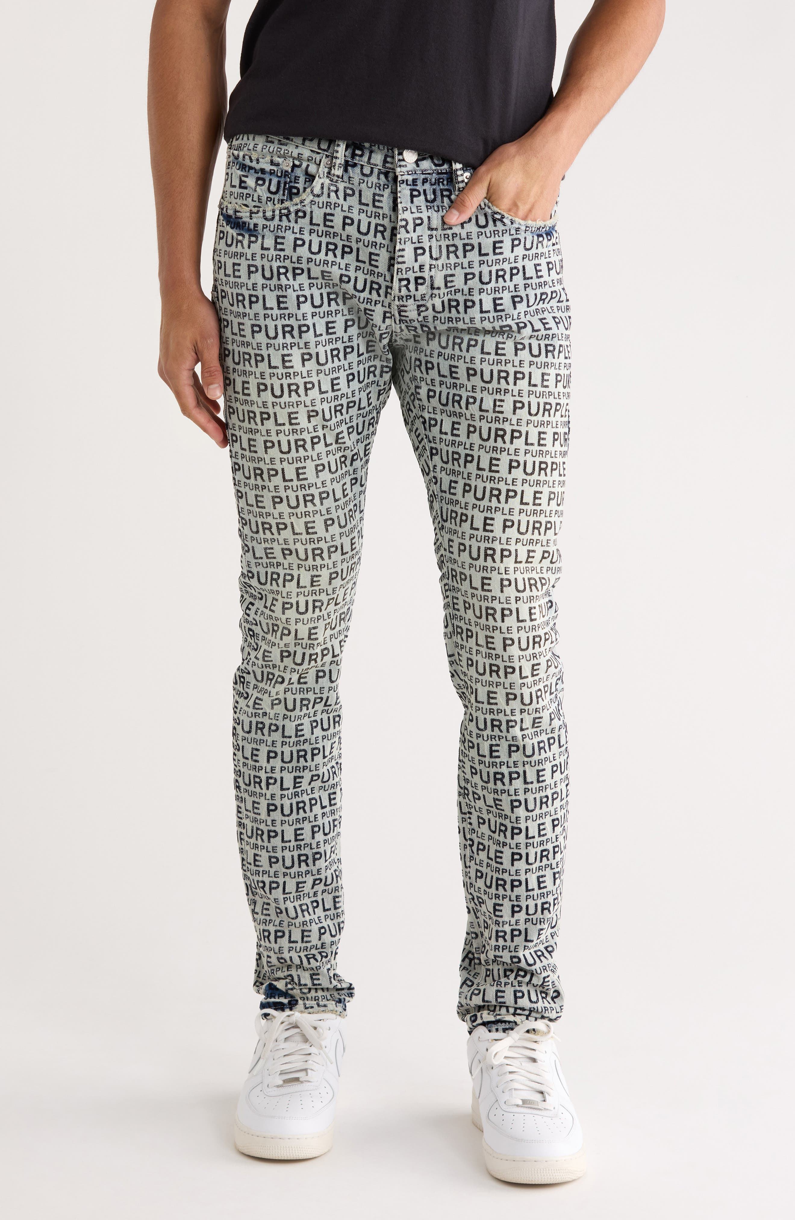 PURPLE BRAND Flocked Wordmark Skinny Jeans