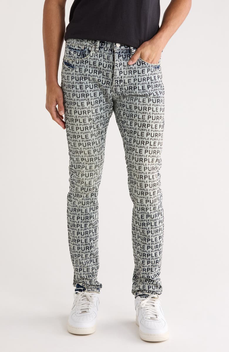 PURPLE BRAND Flocked Wordmark Skinny Jeans, Main, color, Light Indigo