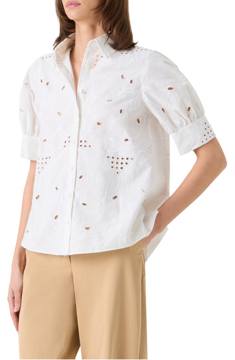 Akris punto Embroidered Cotton Eyelet Button-Up Shirt, Alternate, color, Cream