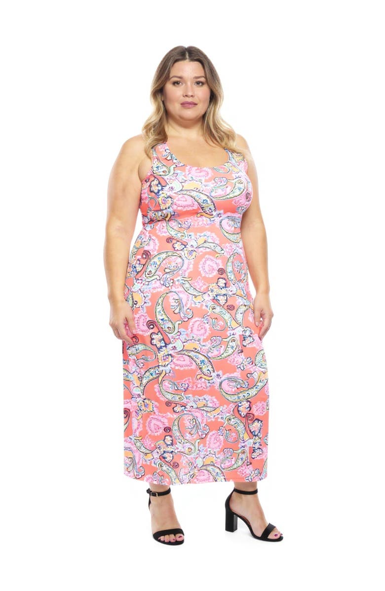 24seven Comfort Apparel Plus Size Paisley Scoop Neck Sleeveless Racerback Tank Maxi Dress, Alternate, color, Orange Multi