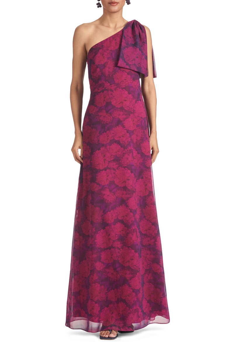 Chelsea Floral One-Shoulder Chiffon Gown, Main, color, MAGENTA BLOOM