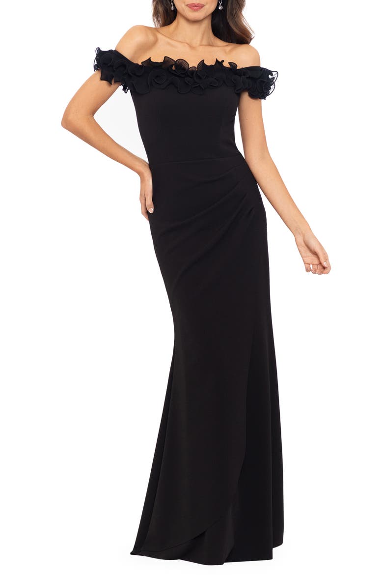 Ruffle Off the Shoulder Scuba Crepe Gown, Main, color, BLACK