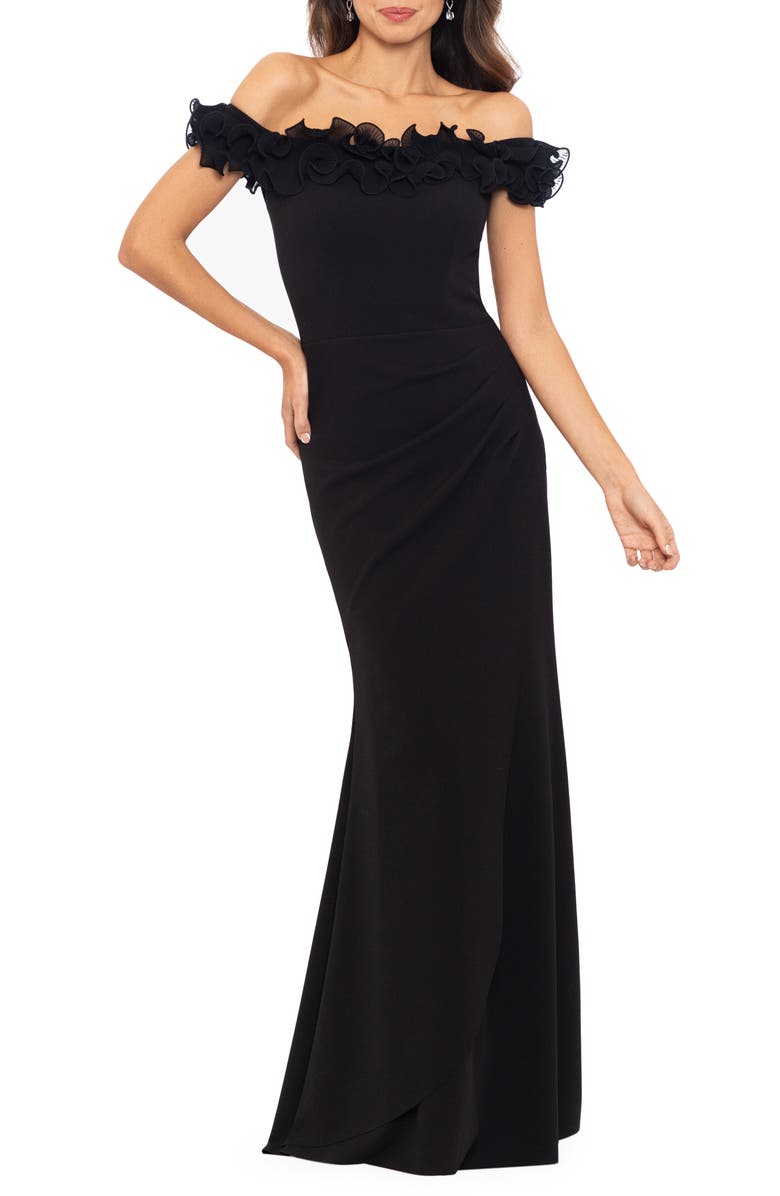 Xscape Evenings Ruffle Off the Shoulder Scuba Crepe Gown, Main, color,