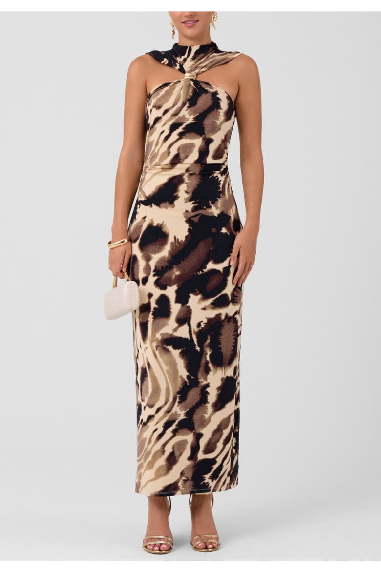 Pricilla High Neck Midi Dress, Main, color, Cream Black Print
