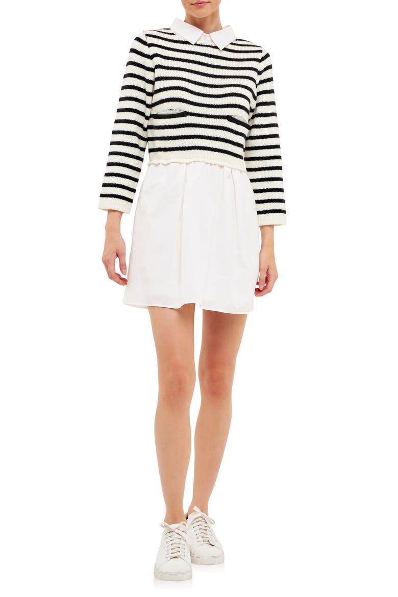 Stripe Mixed Media Dress, Main, color, BLACK/ CREAM
