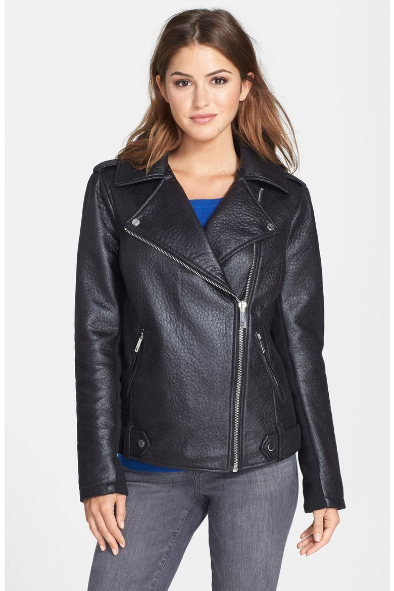 Faux Leather Moto Jacket with Faux Shearling Trim, Alternate, color, BLACK