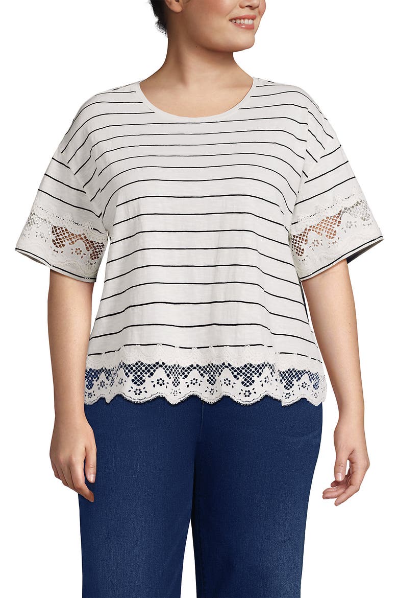 Short Sleeve Slub Jersey Cutwork T-Shirt, Main, color, Ivory/Black Fine Stripe