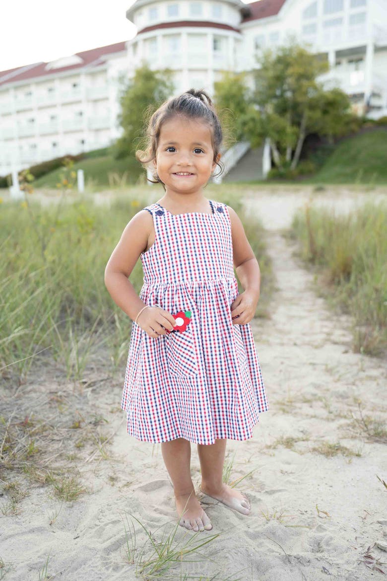 Plaid Seersucker Dress With Flowers, Alternate, color, Navy/White/Red