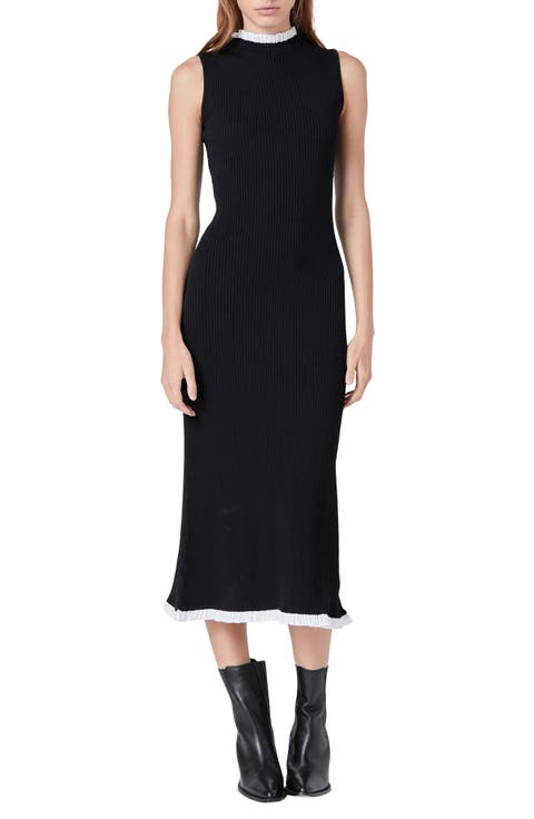 Ruffle Trim Rib Midi Dress