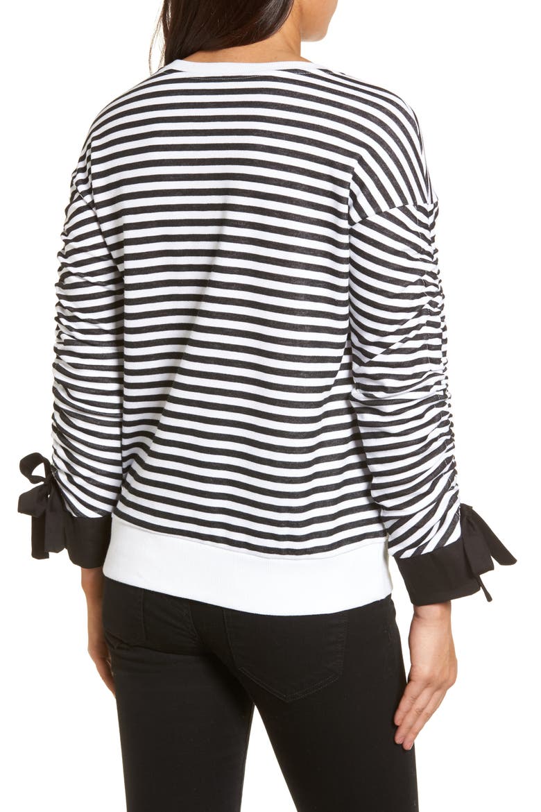 Ruched Sleeve Poplin Trim Sweatshirt, Alternate, color, BLACK- WHITE STRIPE