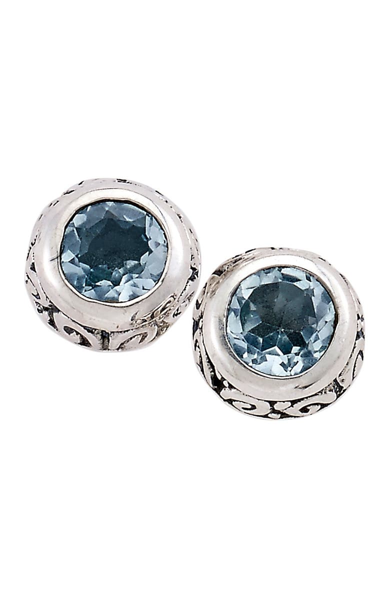 SAMUEL B. Sterling Silver Round Bezel Set Blue Topaz Stud Earrings, Main, color, 