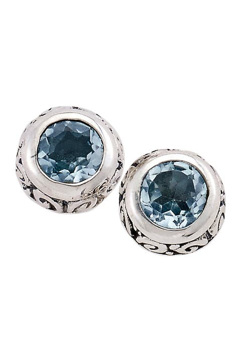 Sterling Silver Round Bezel Set Blue Topaz Stud Earrings