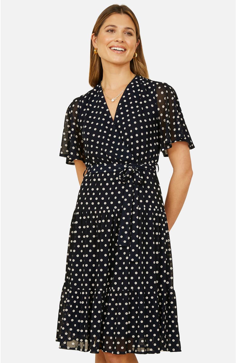Yumi Dot Print Mesh Stretch Midi Skater Dress, Alternate, color, Navy