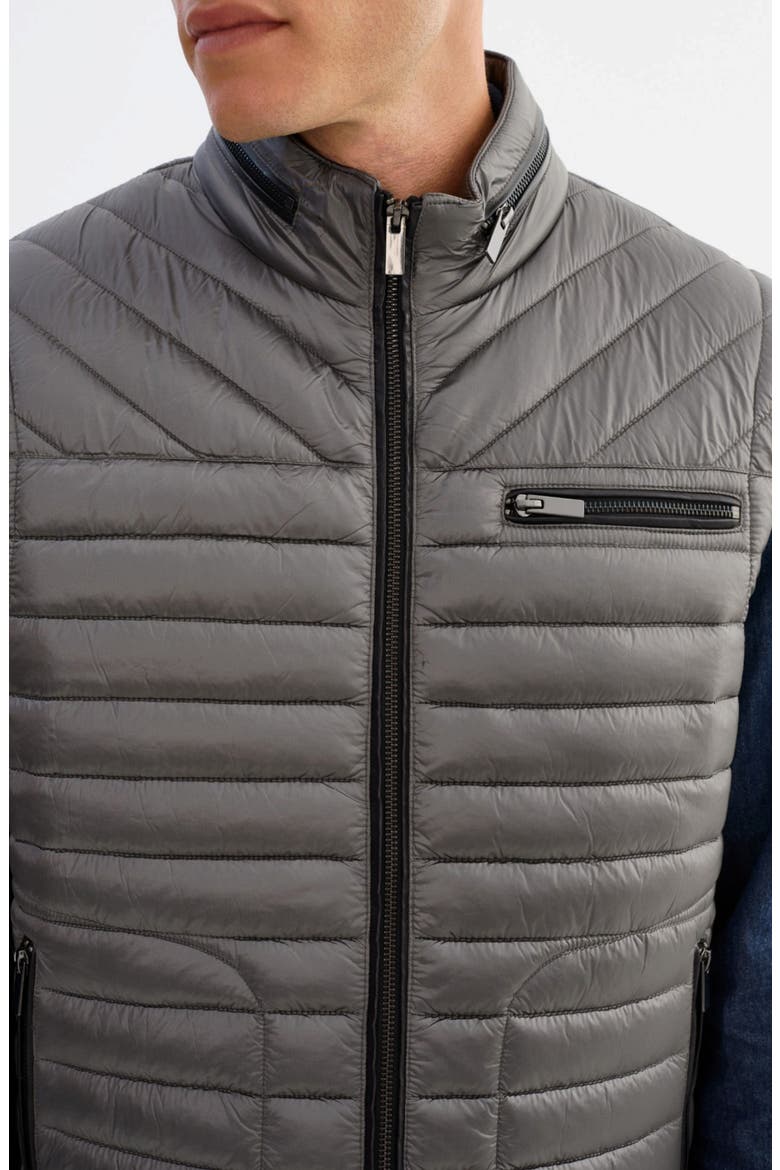 Sammy Quilted Nylon Puffer Vest with Leather Trim, Alternate, color, GREY
