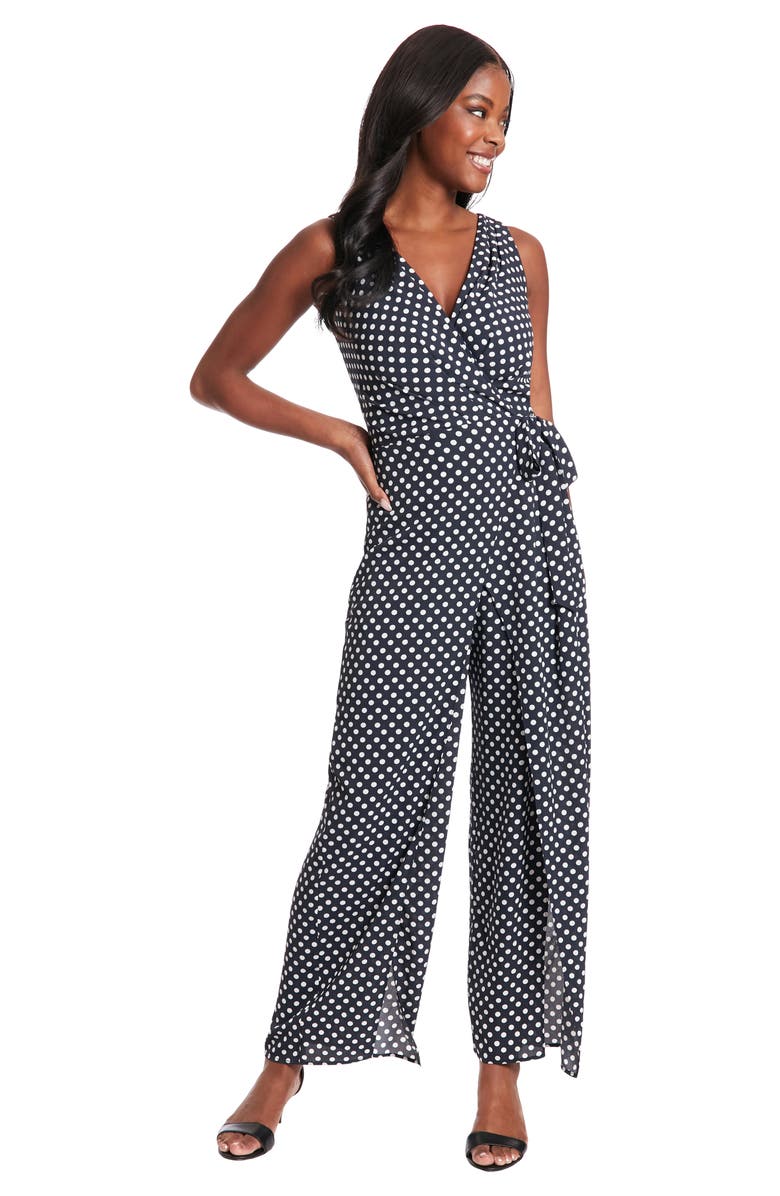 London Times Polka Dot Walk-Through Jumpsuit, Alternate, color, Navy/ White