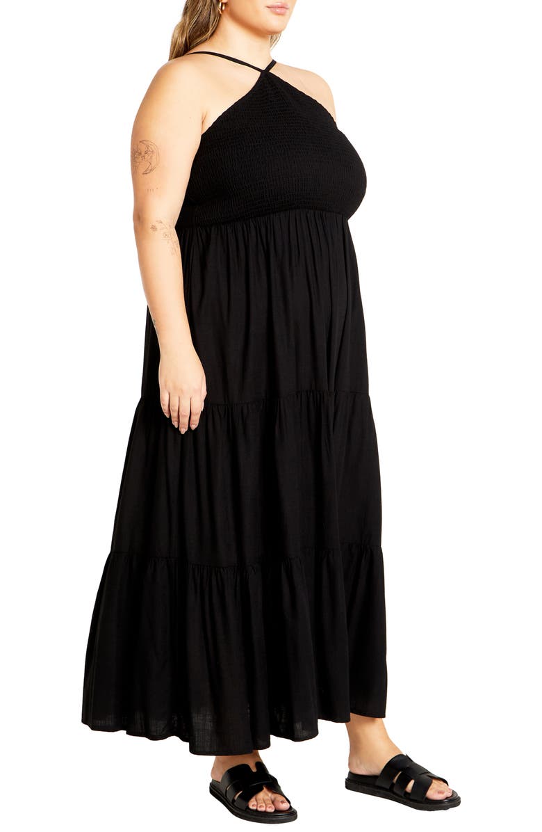 City Chic Tahitian Halter Tiered Maxi Dress, Alternate, color, Black