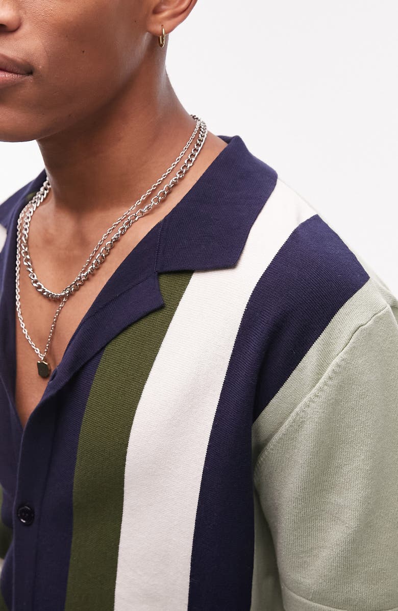 Topman Stripe Short Sleeve Knit Button-Up Camp Shirt, Alternate, color, 