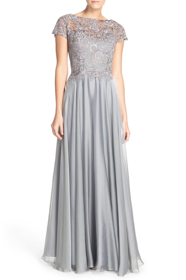 Lace & Satin A-Line Gown, Main, color, PLATINUM