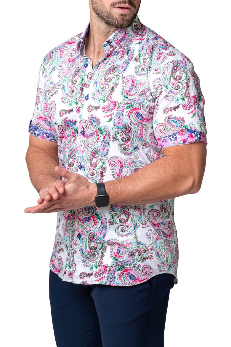 Galileo Paisley Print Short Sleeve Cotton Button-Up Shirt, Alternate, color, WHITE