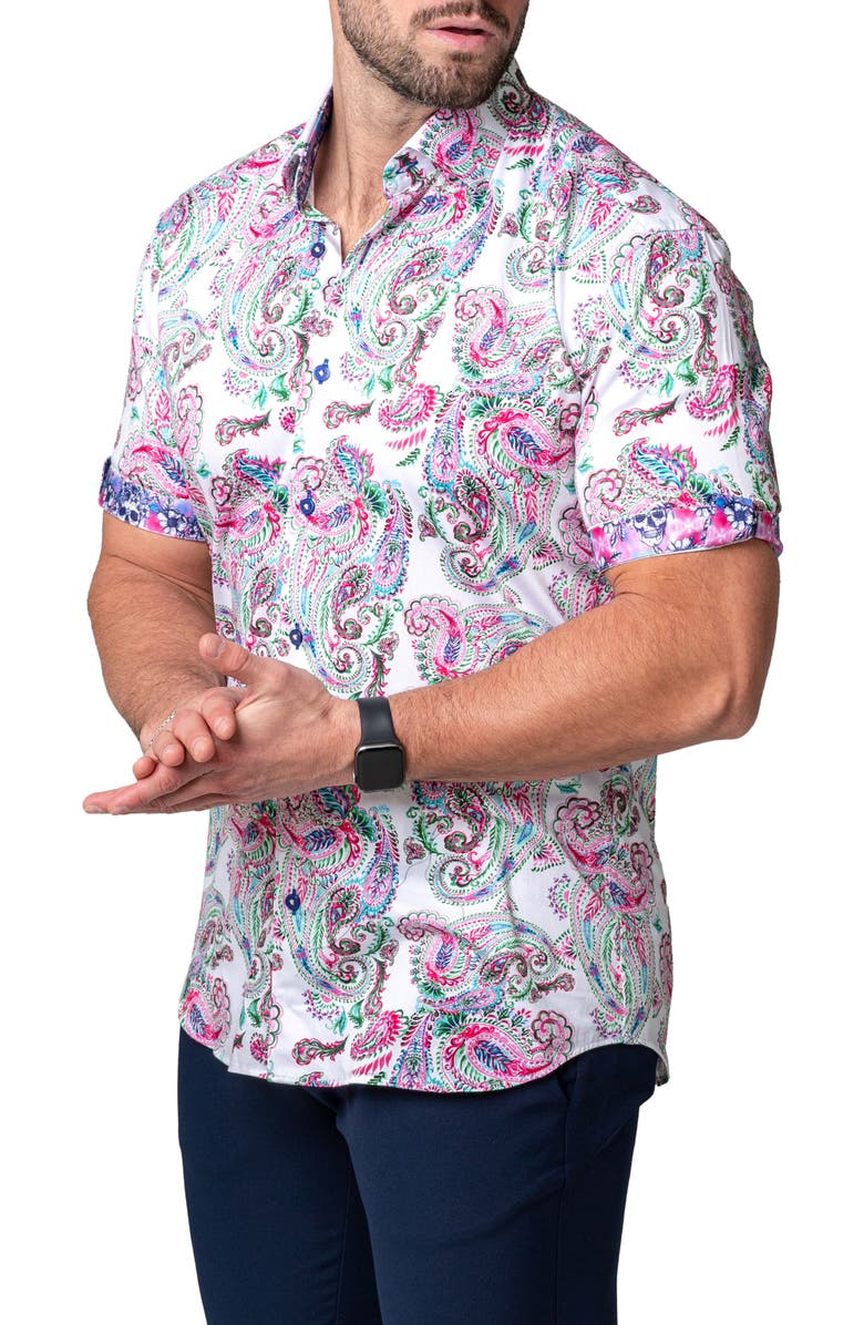 Maceoo Galileo Paisley Print Short Sleeve Cotton Button-Up Shirt, Alternate, color,