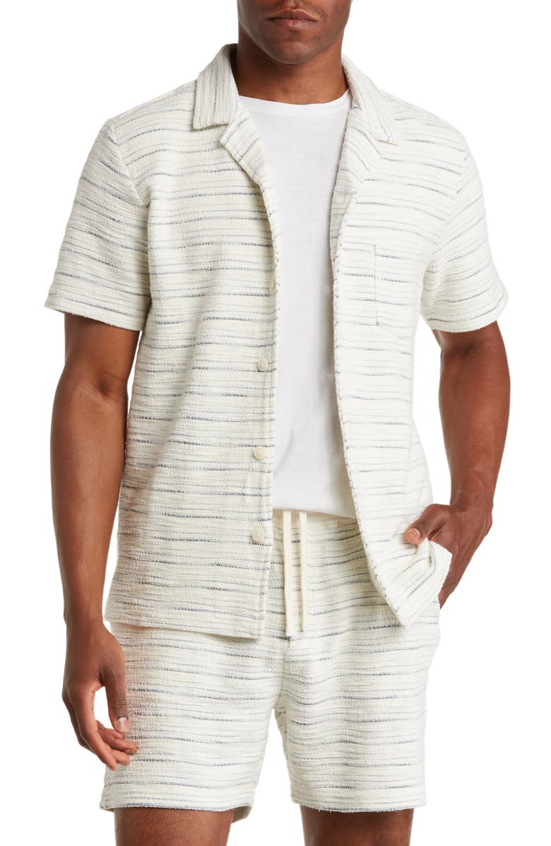 Marine Layer Stripe French Terry Short Sleeve Button-Up Camp Shirt, Main, color,