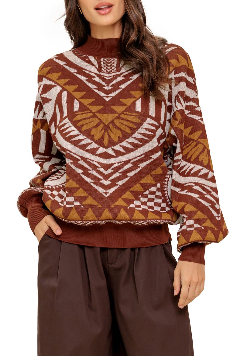 Geometric Balloon Sleeve Sweater, Main, color, BROWN