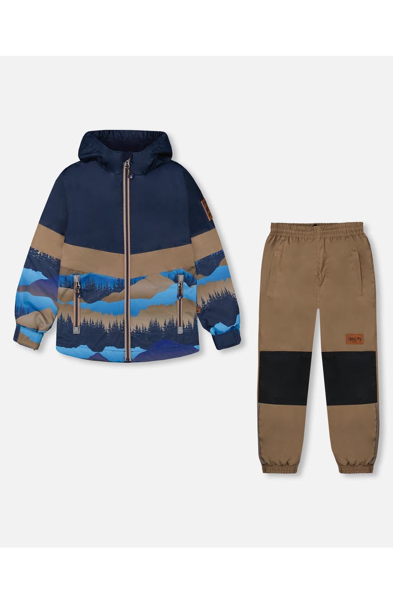 Deux par Deux Boy's Colorblock Printed Two-Piece Mid-Season Outerwear Set Navy Blue Mountains And Taupe, Main, color, 