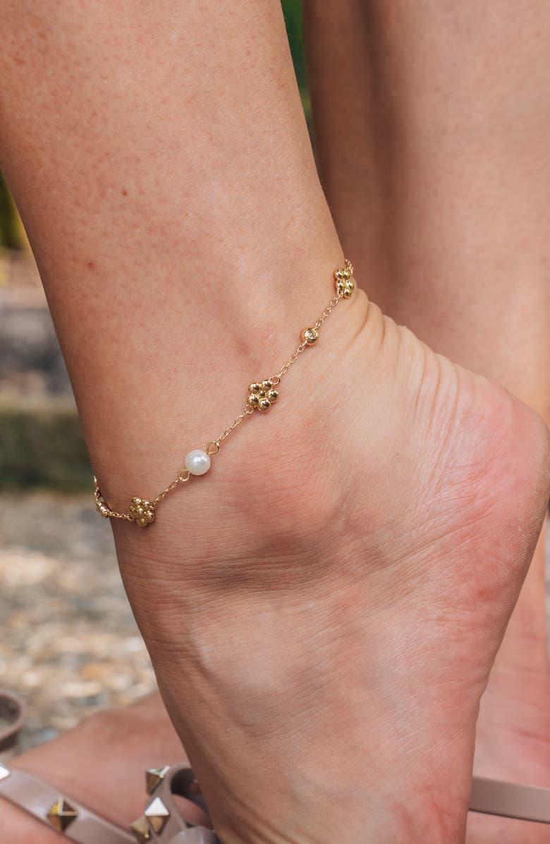 Sterling Forever June Floral Imitation Pearl Anklet, Alternate, color, Gold