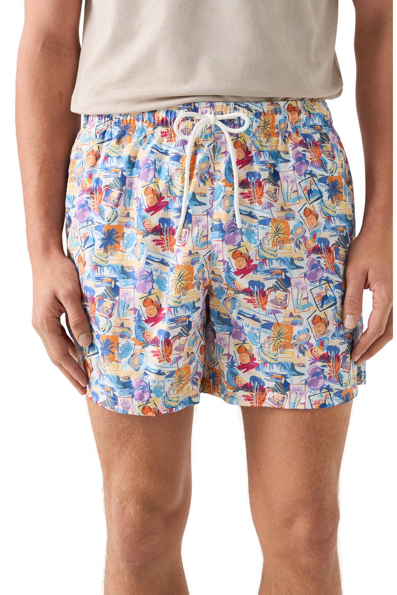 Postcard Print Swim Trunks, Main, color, WHITE