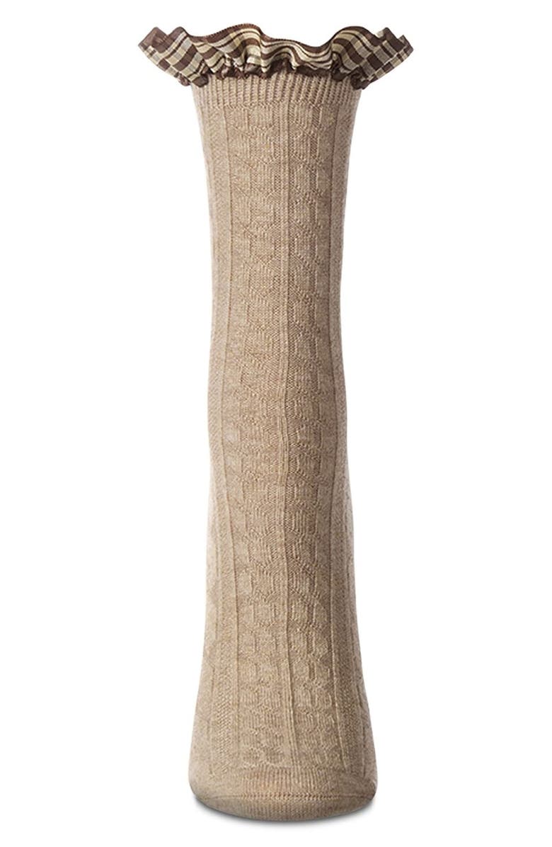 MeMoi Plaid Ruffle Cuff Crew Socks, Main, color, Taupe