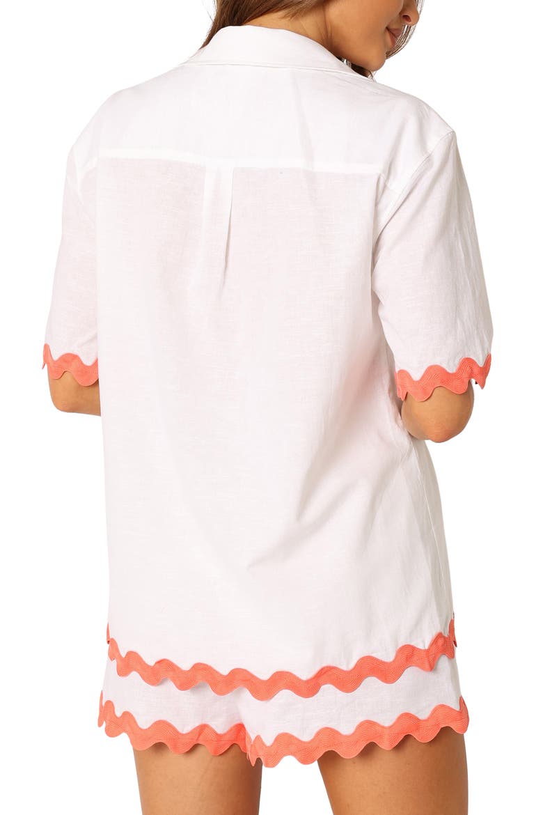 Harry Rickrack Trim Cotton & Linen Button-Up Shirt, Alternate, color, WHITE/ MELON