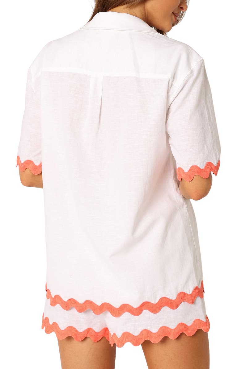 Petal & Pup Harry Rickrack Trim Cotton & Linen Button-Up Shirt, Alternate, color, White/ Melon